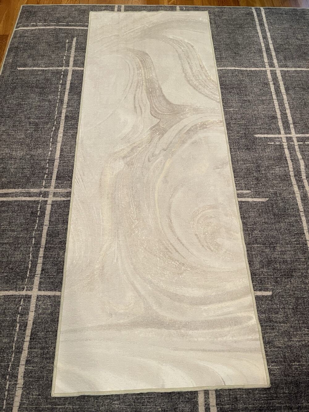 Ruggable Runner Rug 7 X 2.5” Beige Marble Swirl Washable Top Cover, No UnderPad
